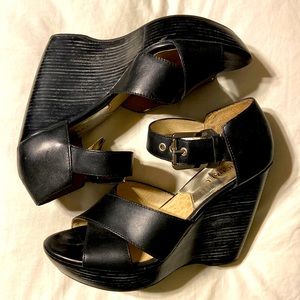 MICHAEL Michael Kors, Black Leather Strappy Wedges, 4.5” Heel, Size 9M